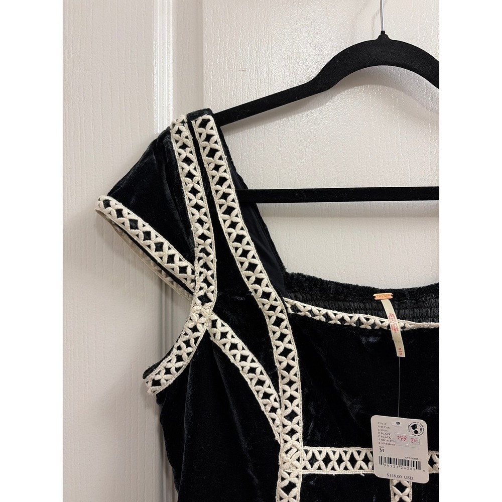 Free People Black Velvet Corset Top Lattice Crochet Trim Cap Sleeve OB2412775 M - Picture 5 of 5